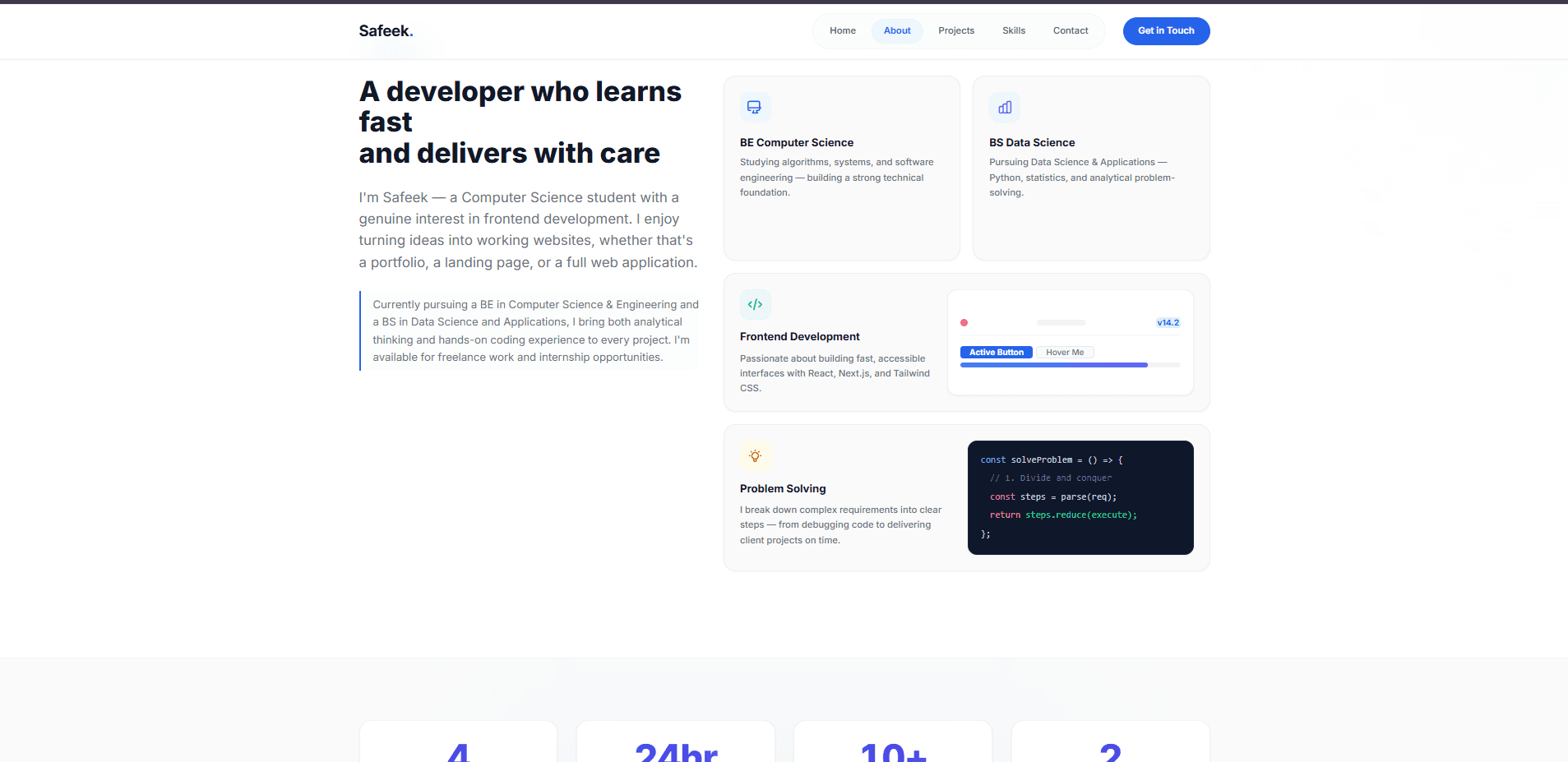 Personal Portfolio — the About page, with education background and a live code snippet