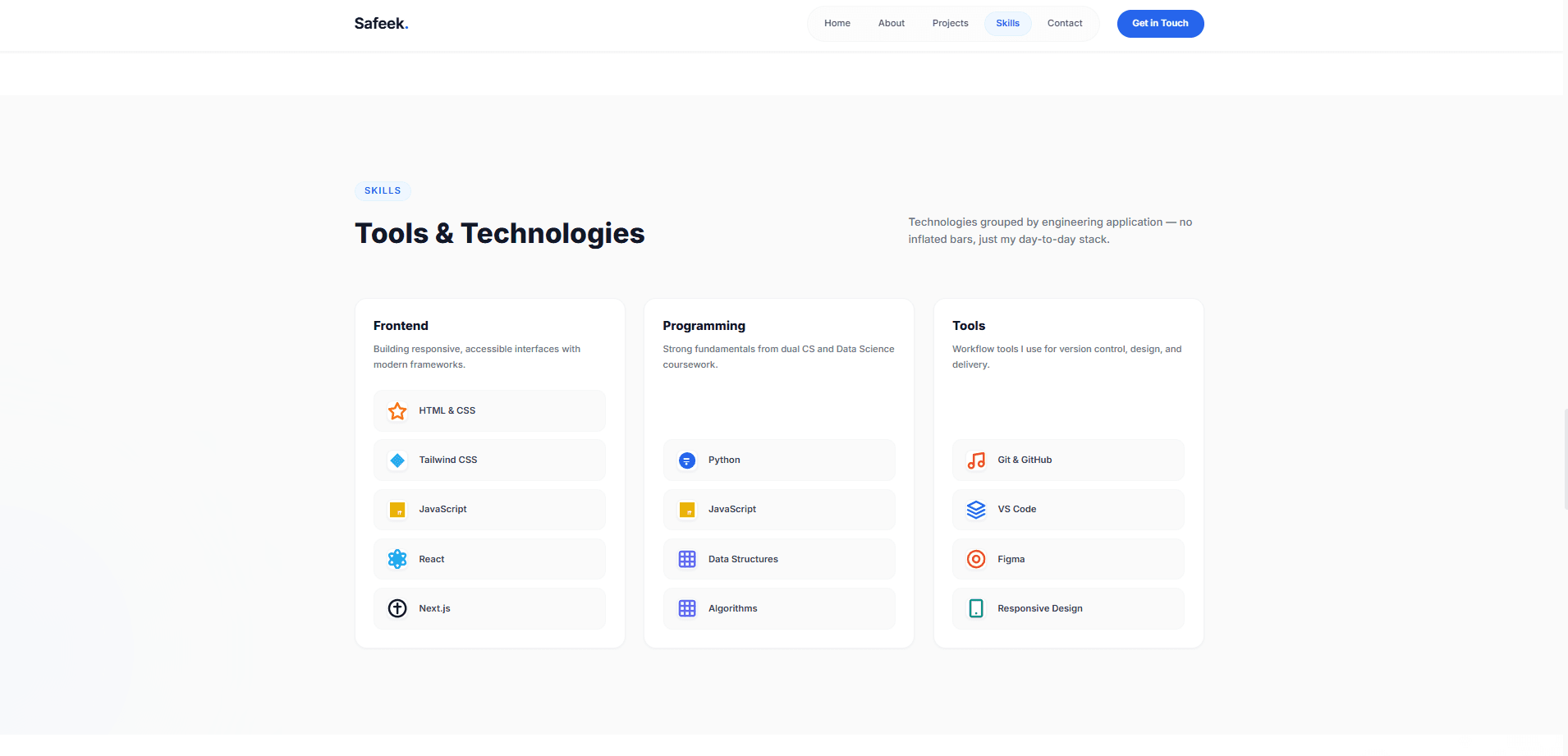 Personal Portfolio — Tools & Technologies, grouped by engineering application