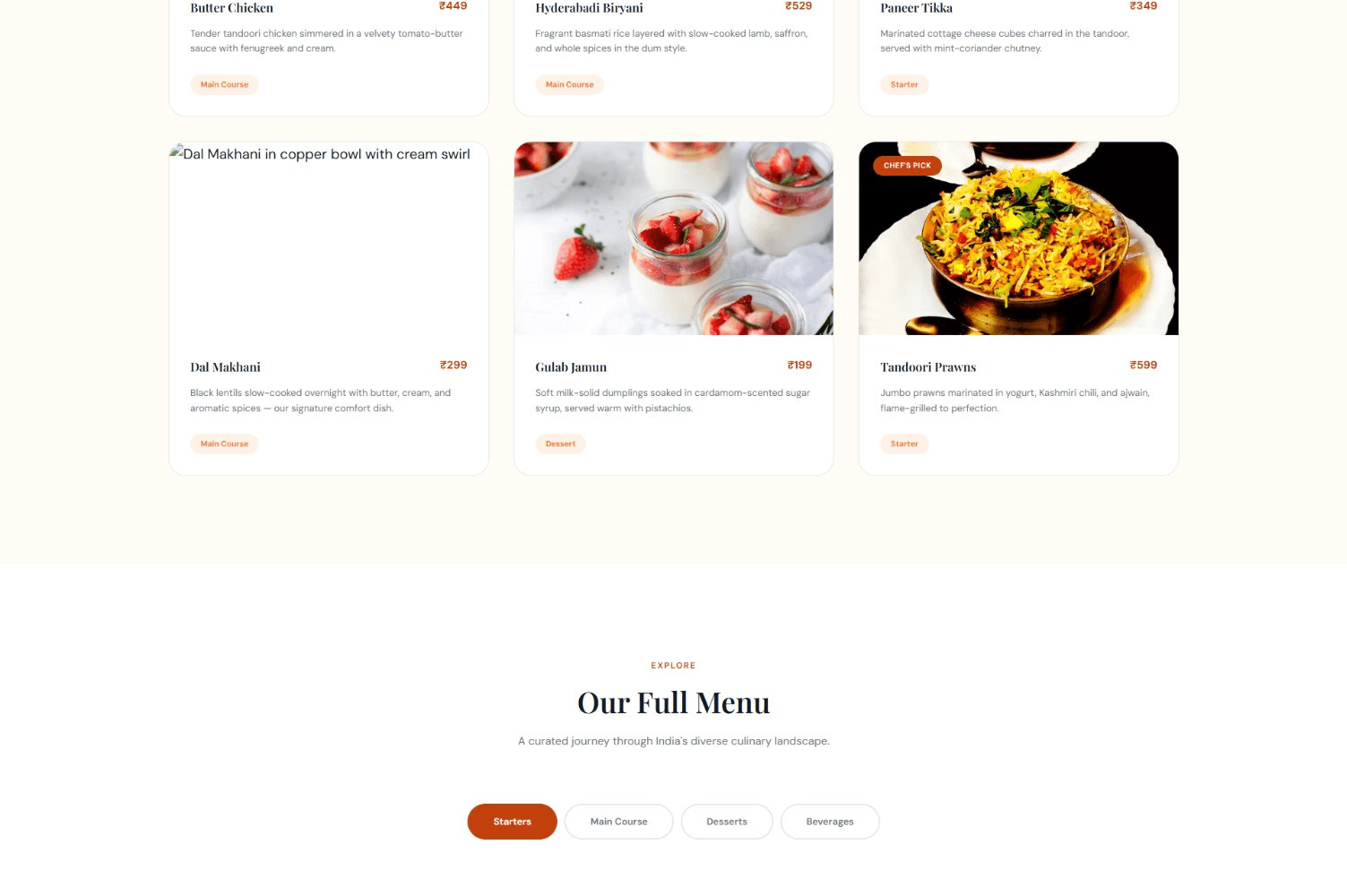 Spice Garden — Featured Dishes grid with honest status tags