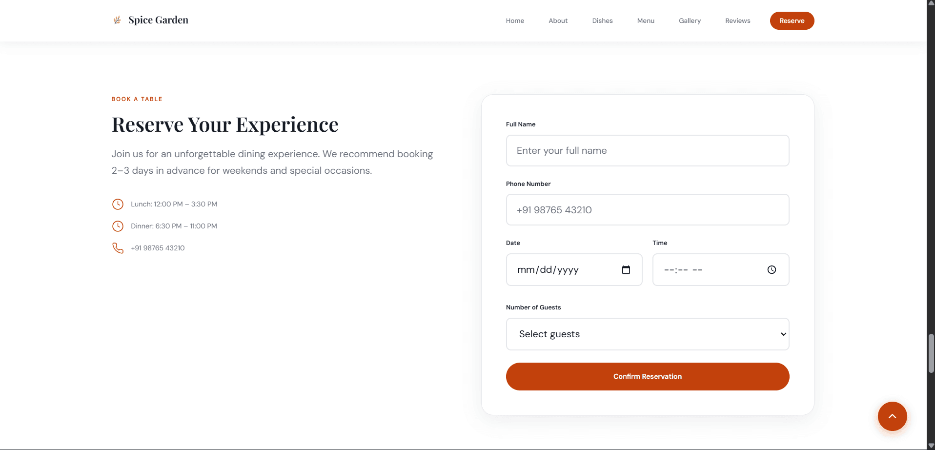 Spice Garden — the reservation flow, with live hours and contact detail
