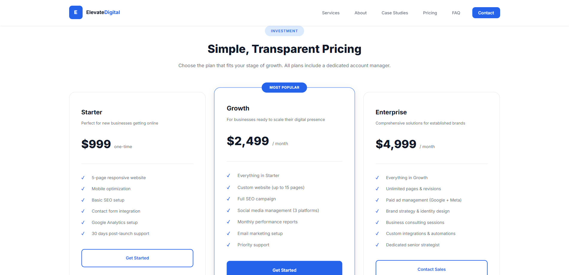 Elevate Digital — three-tier pricing table
